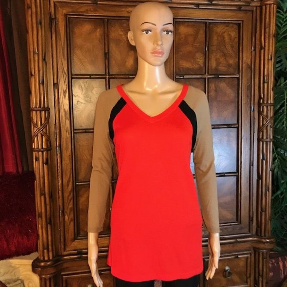 Jones New York Red Tan Black Colorblock 3/4 Sleeve Sweater